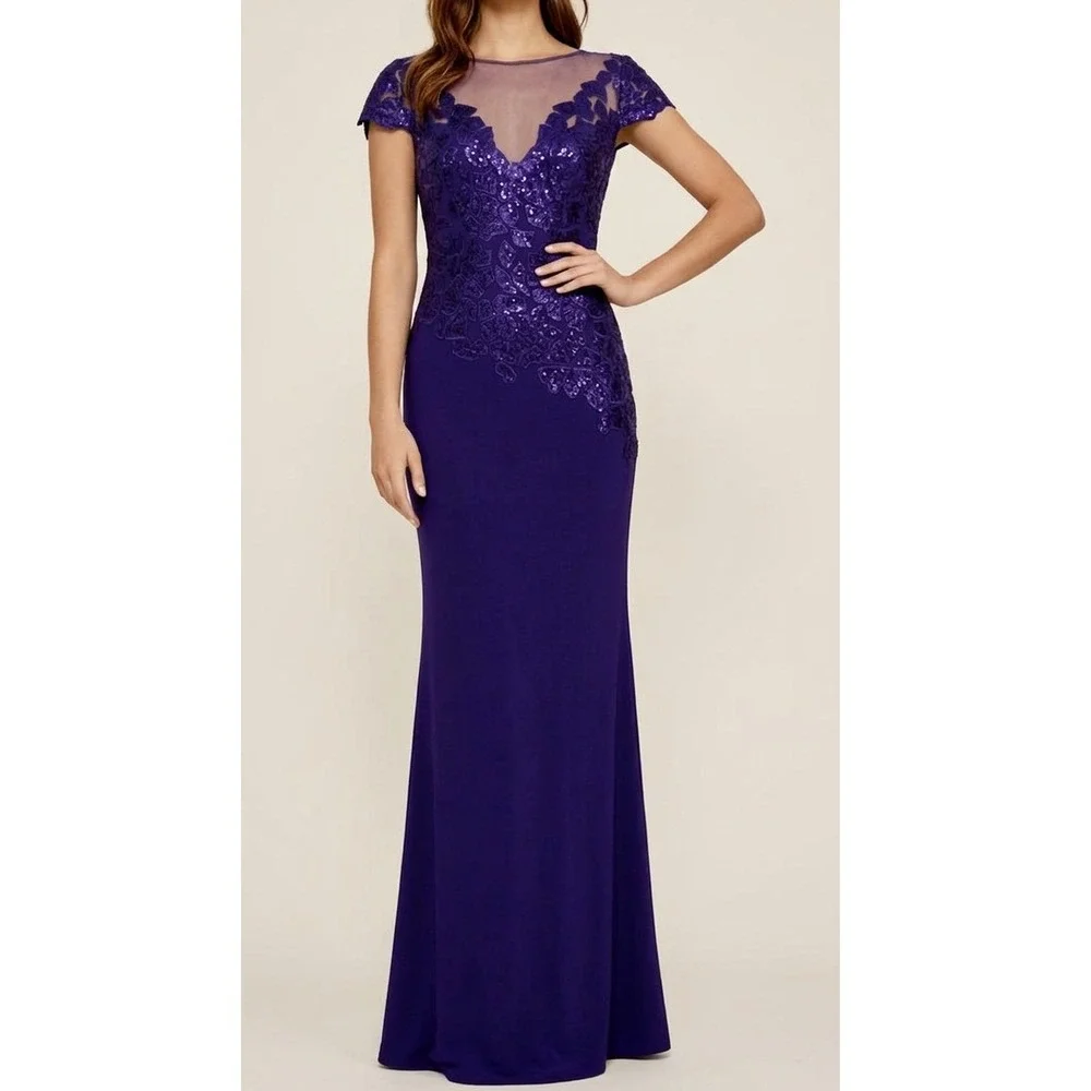 Tadashi Shoji Gown 6 Purple Sequin Illusion Mesh Formal Dress Event Gala Wedding